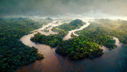 Aerial view of tropical rainforest and river. Climate and nature concept landscape. 3D illustration. - obrazy, fototapety, plakaty
