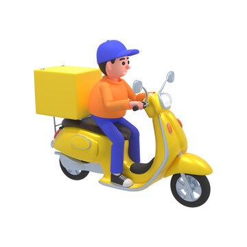 3d render of delivery courier on yellow scooter