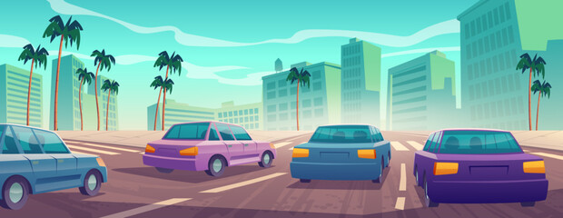 Fototapeta na wymiar Cars drive on road on city street with sidewalk, buildings and palm trees. Vector cartoon illustration of urban traffic, cityscape with vehicles on crossroad with pedestrian crosswalk