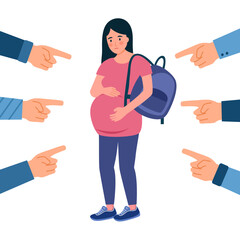 Sad pregnant teenager with public blame in flat design on white background.
