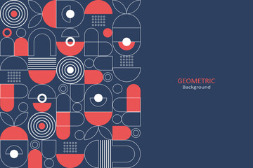 Abstract flat geometric background, template design with the simple shape of circles, dots, and line art. Landing page design. Vector Illustration.
