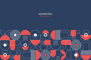 Abstract flat geometric background, template design with the simple shape of circles, dots, and line art. Landing page design. Vector Illustration.