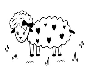 Vector doodle sheep with hearts. Coloring book page for kids