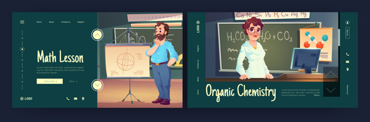 School education landing pages. Maths and organic chemistry teachers explain classes at blackboard with formulas. Man and woman tutors teaching students, Cartoon vector illustration, web banner