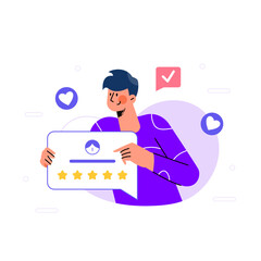 Fototapeta na wymiar Young man giving feedback and rating 5 stars for service in flat design, customer review concept illustration
