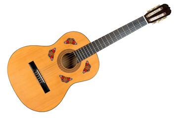 Classical acoustic six-string guitar isolated on white background. Beautiful colored butterfly sitting on the guitar . European Peacock butterfly (Inachis io)