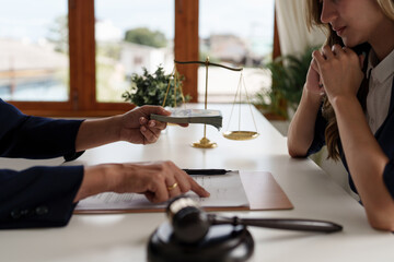 Business person offer of black money in exchange for a permit in the deal. Concepts of corruption and anti bribery