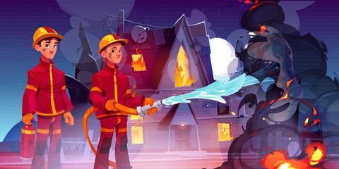Firemen team extinguish fire in burning house. Brave rescuers wearing uniform and helmets holding water hose fighting with flame. Emergency service, dangerous profession, Cartoon vector illustration