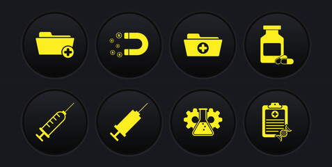 Set Syringe, Medicine bottle and pills, , Bioengineering, Health record folder and Magnet with money icon. Vector