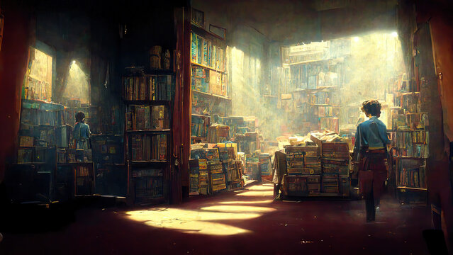 The Library Building Hall Interior with lots of Books. Sunlight Came in through the Windows. Concept Art Scenery. Book Illustration. Video Game Scene. Serious Digital Painting. CG Artwork Background.
