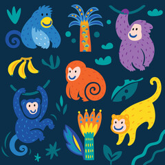 Collection of cute funny monkeys and palms trees. Vector illustration
