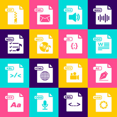 Set RAW file document, AI, DOC, WMA, MP3, M3U, ZIP and JS icon. Vector