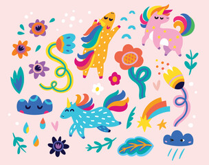 Festive set of unicorns, flowers and clouds. Vector illustration