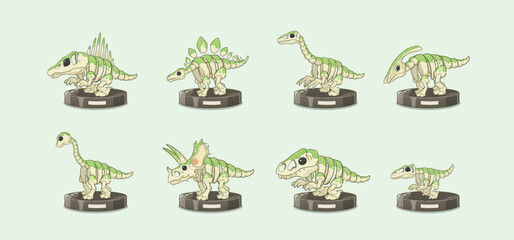 Set illustration of dinosaurs fossil, tyrannosaurus, pentaceratops, parasaurolophus, brachiosaurus, stegosaurus, therizinosaurus, velociraptor