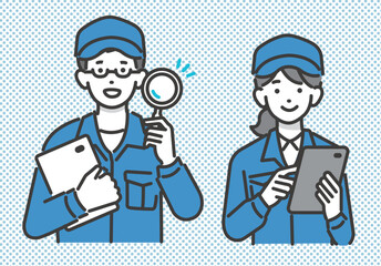 
DX推進でタブレットやパソコンを持つ作業員の男女のベクターイラスト素材／ピッキング／IT／物流