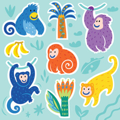 Sticker set with cute funny monkeys and palms trees. Vector illustration