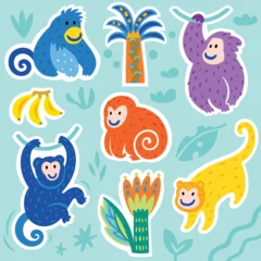 Fotobehang Onder de zee Sticker set with cute funny monkeys and palms trees. Vector illustration