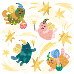 Fairy tale cats in magic caps with Magic wands. Vector illustration