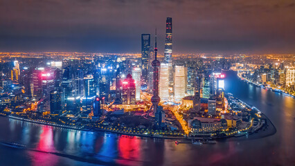 Aerial photography panorama of Huangpu River and Lujiazui buildings in Pudong New Area, Shanghai,...