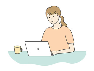 Woman working on computer, vector illustration