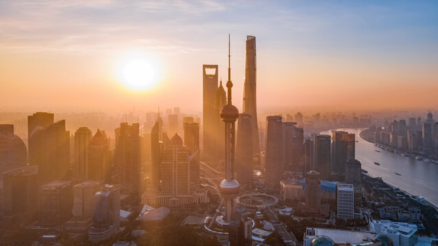 Aerial photography panorama of Huangpu River and Lujiazui buildings in Pudong New Area, Shanghai, China