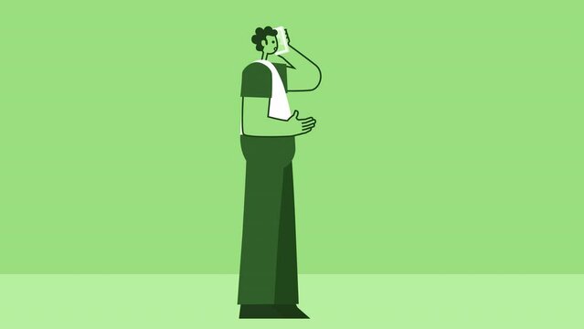 Green Style Man Flat Character Call Phone. Isolated Loop Animation with Alpha Channel