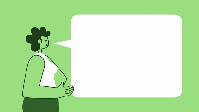 Green Style Woman Flat Character Talking Explain with Speech Bubble. Isolated Loop Animation with Alpha Channel