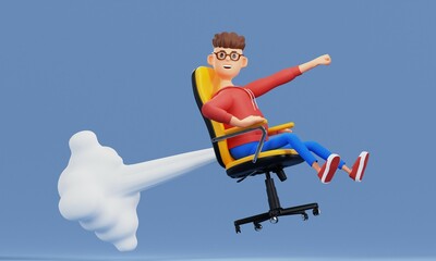 Cartoon character freelancer flies on a chair like a rocket. Innovation and Startup Concept. 3d illustration.