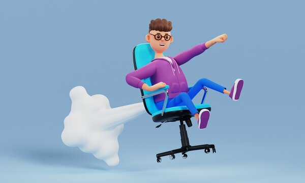 Cartoon character freelancer flies on a chair like a rocket. Innovation and Startup Concept. 3d illustration.