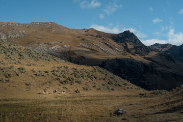 Amazing Mountainous Landscape In Peru.

photography of huaraz peru, with people with hiking clothes, lakes, mountains, colors, rainbow mountain.