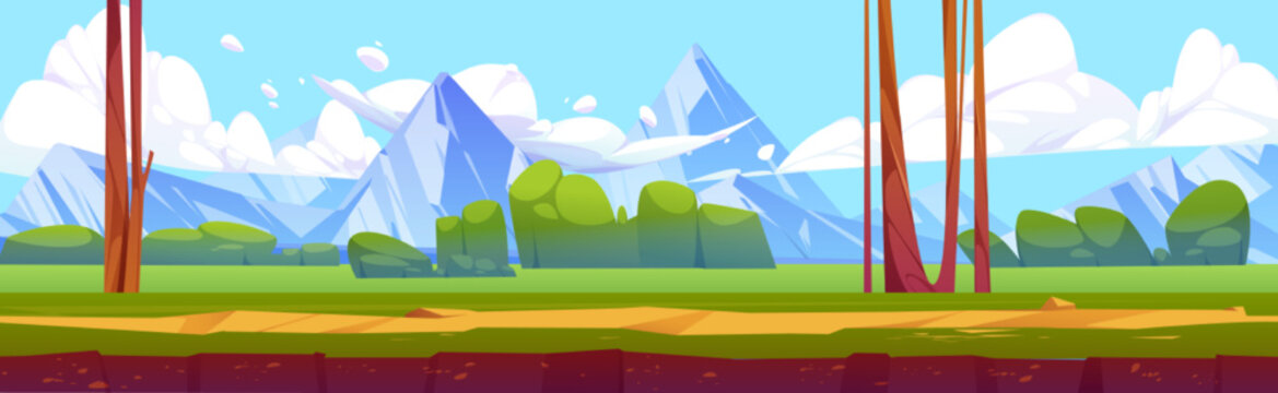 Game ground texture of summer landscape with green grass, trees, bushes, path and mountains on horizon. Vector cartoon illustration of game land platform with nature scene with trees and rocks