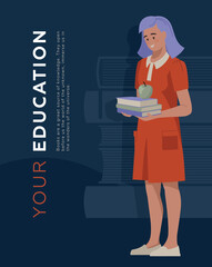 Girl with books. Banner on the book theme. Love for reading. Vector image.