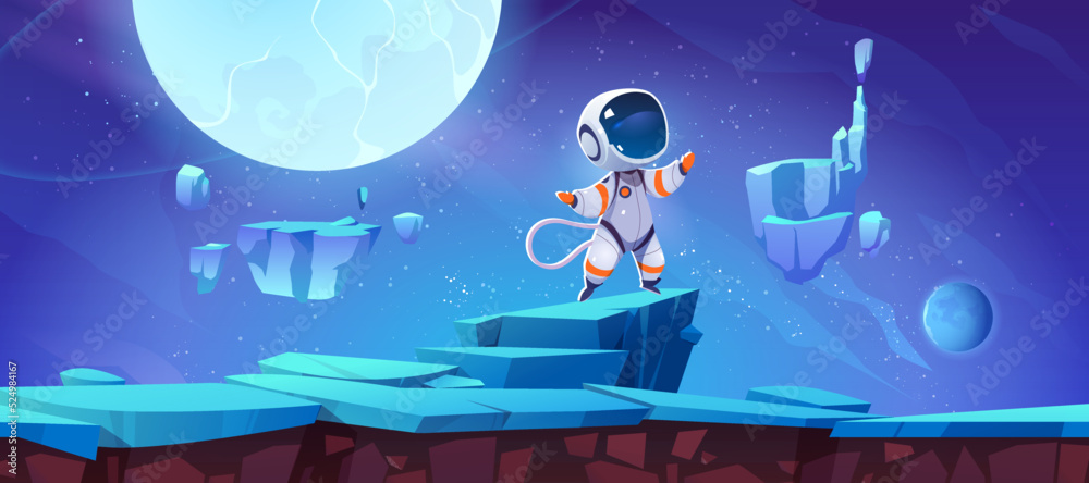 Wall mural game level background with cute spaceman on alien planet surface. vector cartoon illustration of gro
