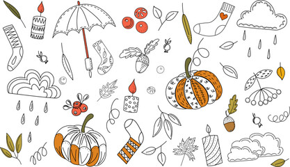 autumn set doodle sketch on white background isolated, vector