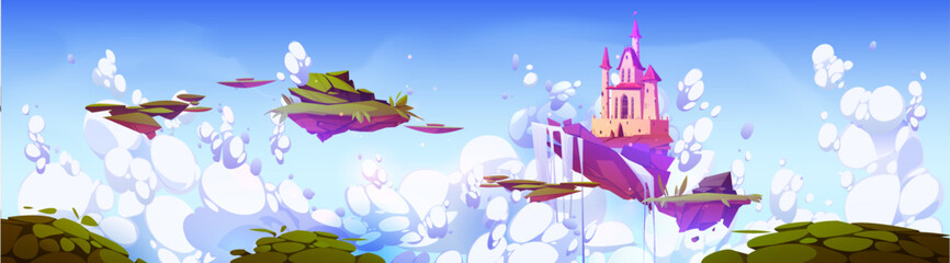 Fantastic pink castle and waterfall flying on island in sky. Cartoon illustration of magic landscape with royal palace and pieces of green land flying in white clouds. Adventure game level platforms © klyaksun