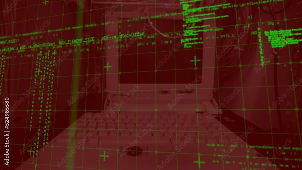 Poster animation of grid pattern and moving programming language against retro computer in background