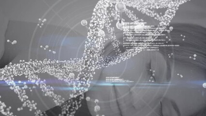 Animation of caucasian woman sleeping with floating nucleotides and dna helix and molecule cells - Powered by Adobe