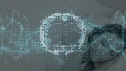 Animation of digital human brain with circles over caucasian woman sleeping on bed - Powered by Adobe