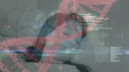 Animation of caucasian woman sleeping with nucleotides, programming language and dna molecule - Powered by Adobe