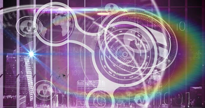 Animation of flare, digital circles with globe, profile icons and binary code over city