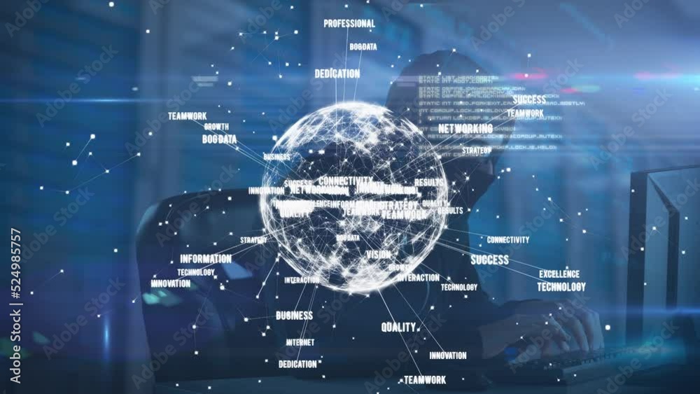 Poster animation of globe with network of connetions and data processing over male hacker in server room