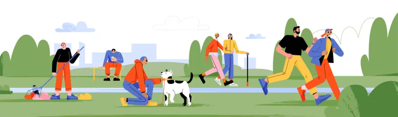 Fotobehang City park with people walking with dog, jogging, clean trash and sitting on bench with phone. Vector flat illustration of summer landscape with walkers and runners © klyaksun