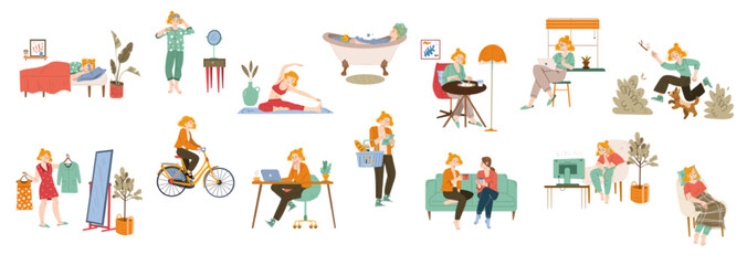 Woman daily routines and habits. Girl sleep, clean teeth, doing yoga, take bath, eat breakfast, walk with dog, choose clothes, ride on bike, work on laptop, shop, talk with friend and relax in chair