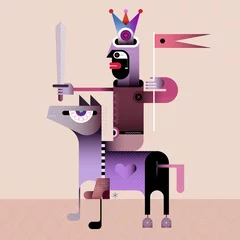 Fototapeten Farbiges Bild des Ritters mit Schwert und Flagge zu Pferd grafische Illustration. Der Ritterreiter ist bereit zu kämpfen. ©  danjazzia