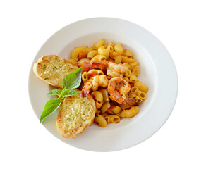  top view macaroni served with garlic bread