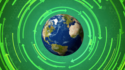 Environmental technology concept. Resource recycling. Recycling society. Green tech. Sustainable development goals. SDGs. Elements of this image furnished by NASA. 3D rendering.