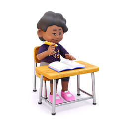 수업시간이 즐거운 귀여운 흑인 여자 어린아이 3d 캐릭터 렌더링 일러스트