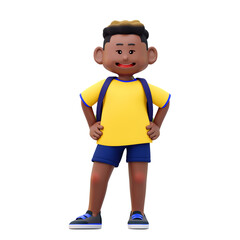 Obraz premium 책가방을 매고 학교에 등교하는 귀여운 흑인 남자 어린아이 3d 캐릭터 렌더링 일러스트