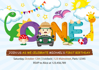 First Birthday Invitation with cute boy and friends in the jungle