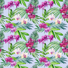 seamless pattern tropical plants flowers and green leaves watercolor illustration, botanical painting, jungle design